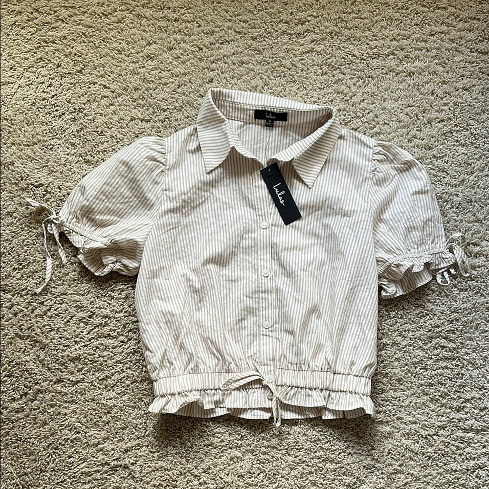 Poised Approach Ivory and Brown Striped Puff Sleeve Collared Top